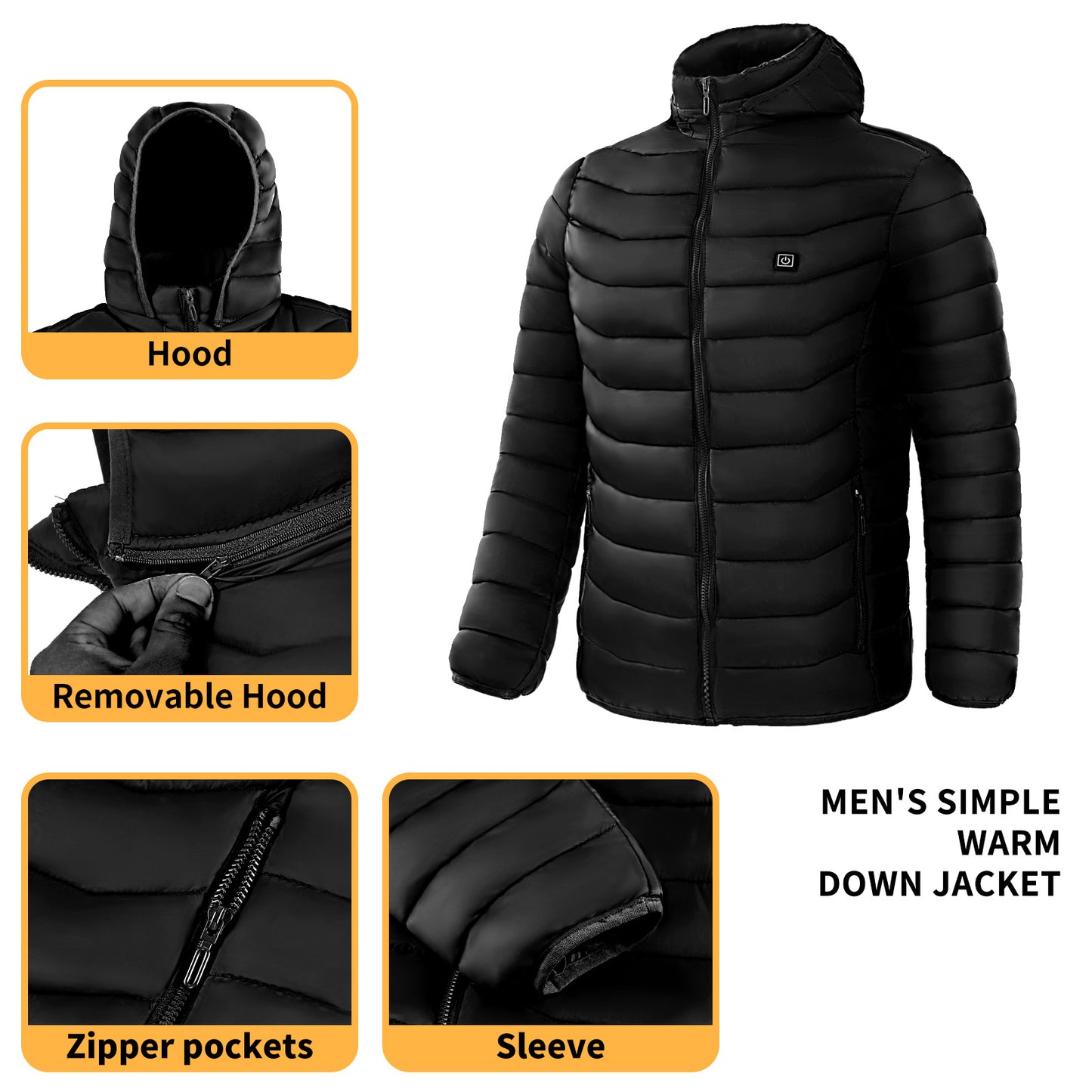 Heated Puffer Jacket Electric Heating Coat Insulated Hood Windbreaker