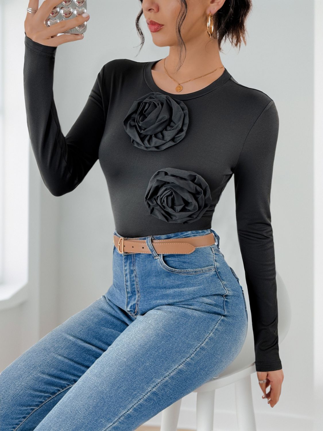 Perfee Flower Round Neck Long Sleeve Bodysuit