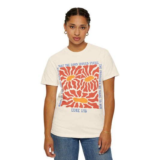 Luke 1:45 Joyful Faith T-Shirt - Groovy Vibrant Floral Design, Inspirational Quote, Gift for Believers, Casual Wear, Bible Verse Tee