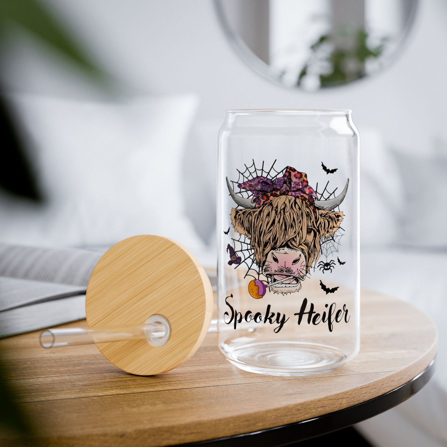 Spooky Heifer Sipper Glass, 16oz with Lid and Straw