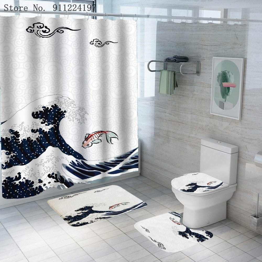 Ocean Wave Series Shower Curtain Shower Curtain Foot Pad Digital Printing Toilet Three-piece Four-piece Set