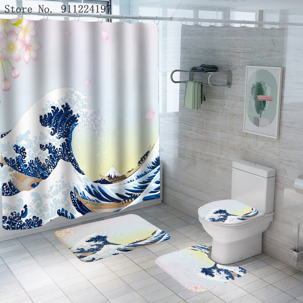 Ocean Wave Series Shower Curtain Shower Curtain Foot Pad Digital Printing Toilet Three-piece Four-piece Set