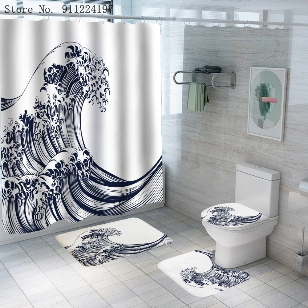 Ocean Wave Series Shower Curtain Shower Curtain Foot Pad Digital Printing Toilet Three-piece Four-piece Set