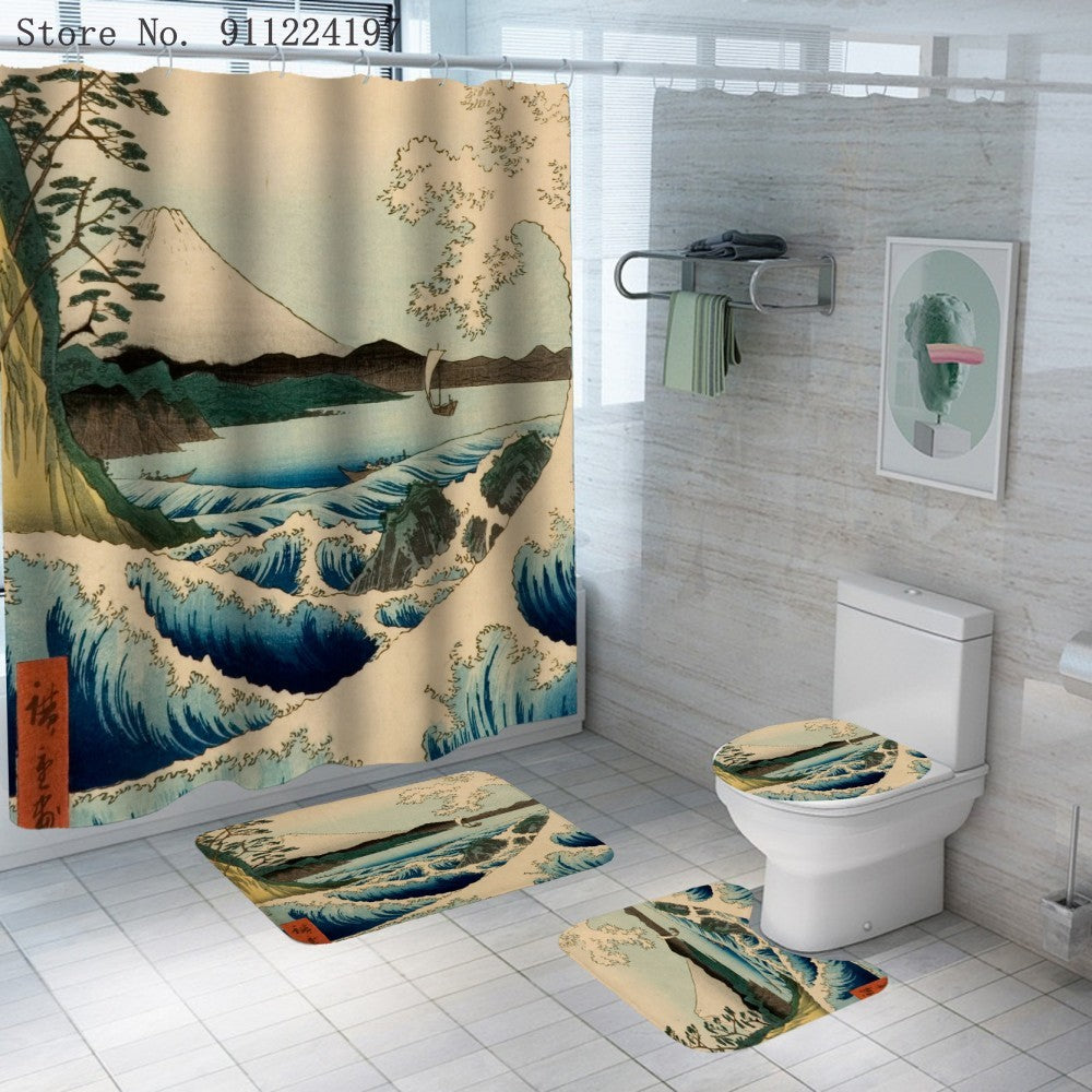 Ocean Wave Series Shower Curtain Shower Curtain Foot Pad Digital Printing Toilet Three-piece Four-piece Set