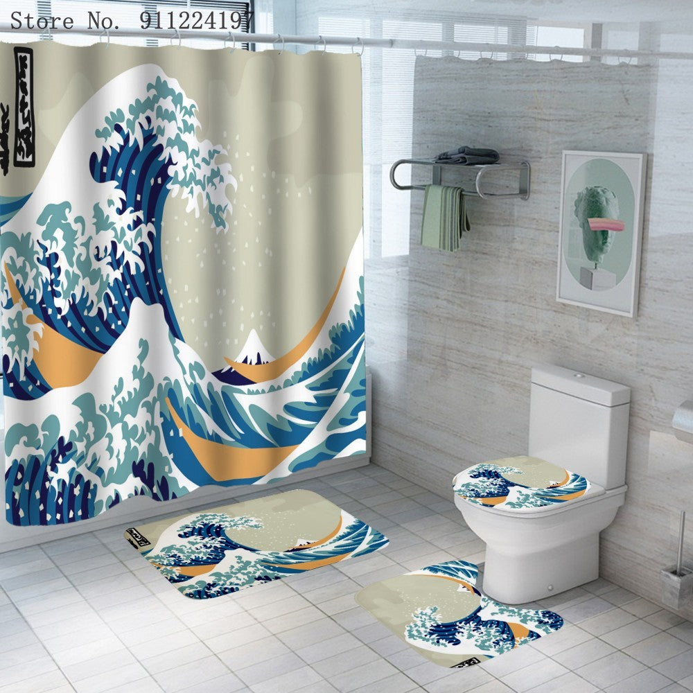 Ocean Wave Series Shower Curtain Shower Curtain Foot Pad Digital Printing Toilet Three-piece Four-piece Set