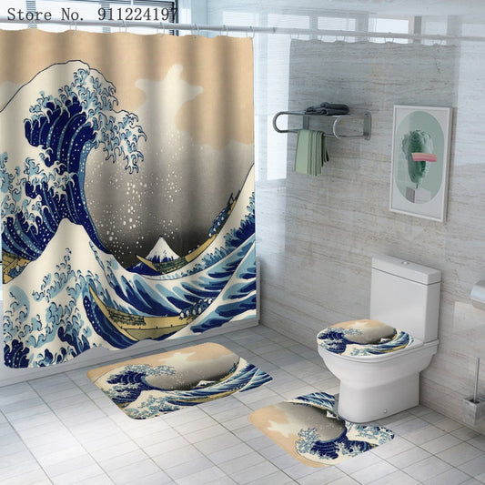 Ocean Wave Series Shower Curtain Shower Curtain Foot Pad Digital Printing Toilet Three-piece Four-piece Set