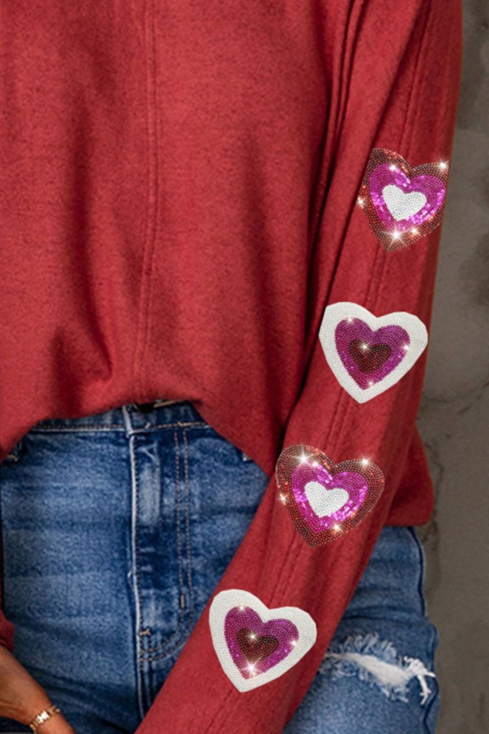 Heart Sequin Round Neck Long Sleeve T-Shirt