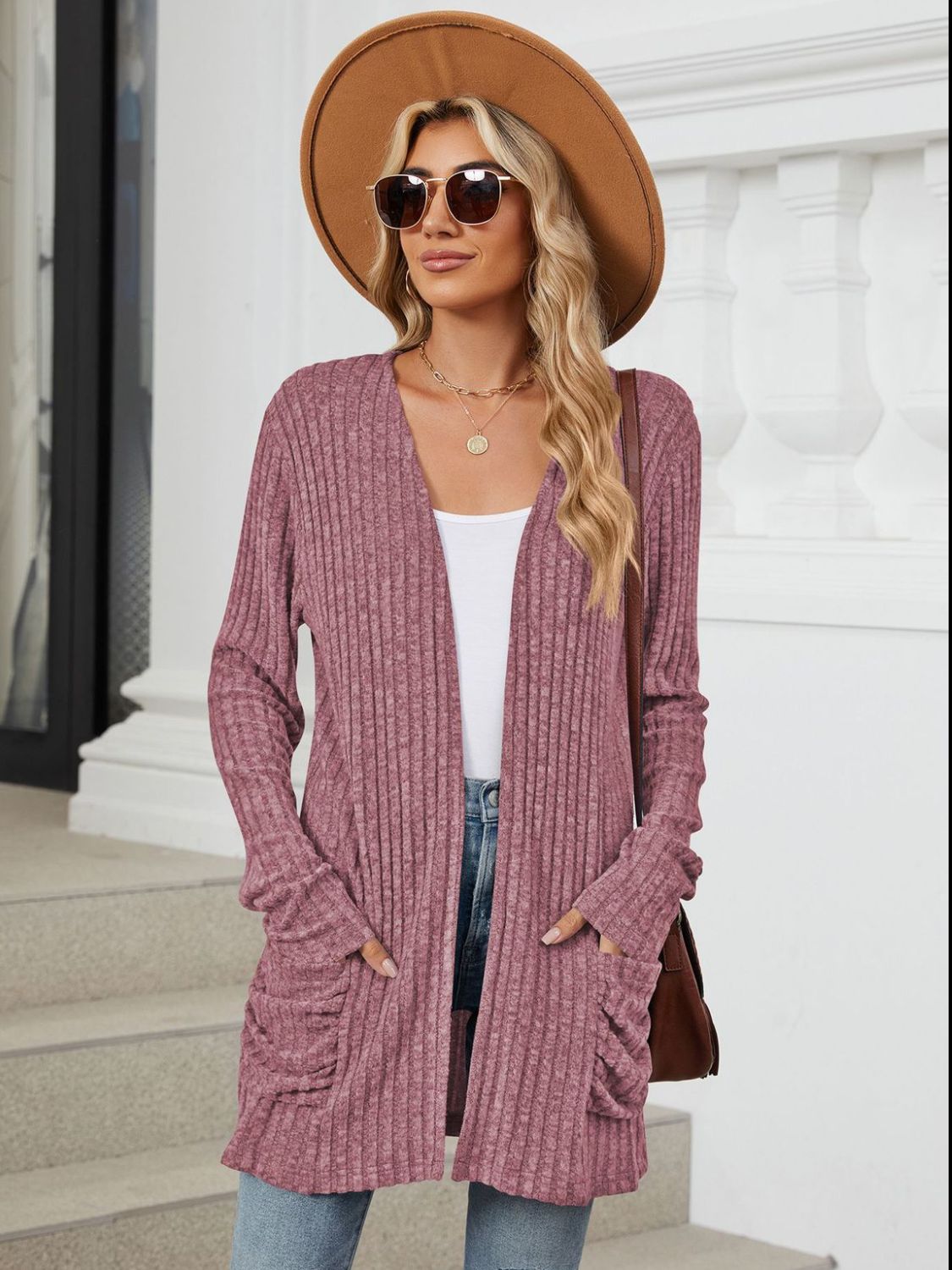 Pocketed Open Front Long Sleeve Cardigan