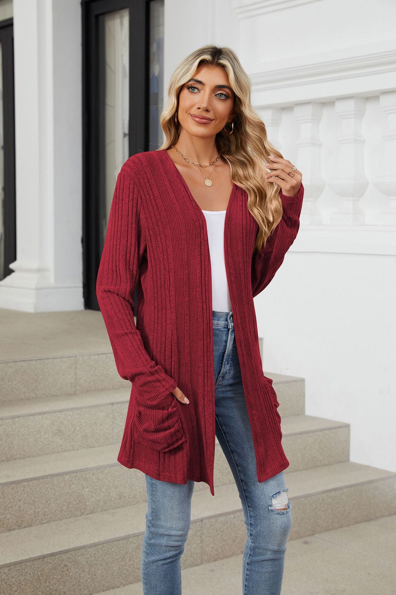 Pocketed Open Front Long Sleeve Cardigan