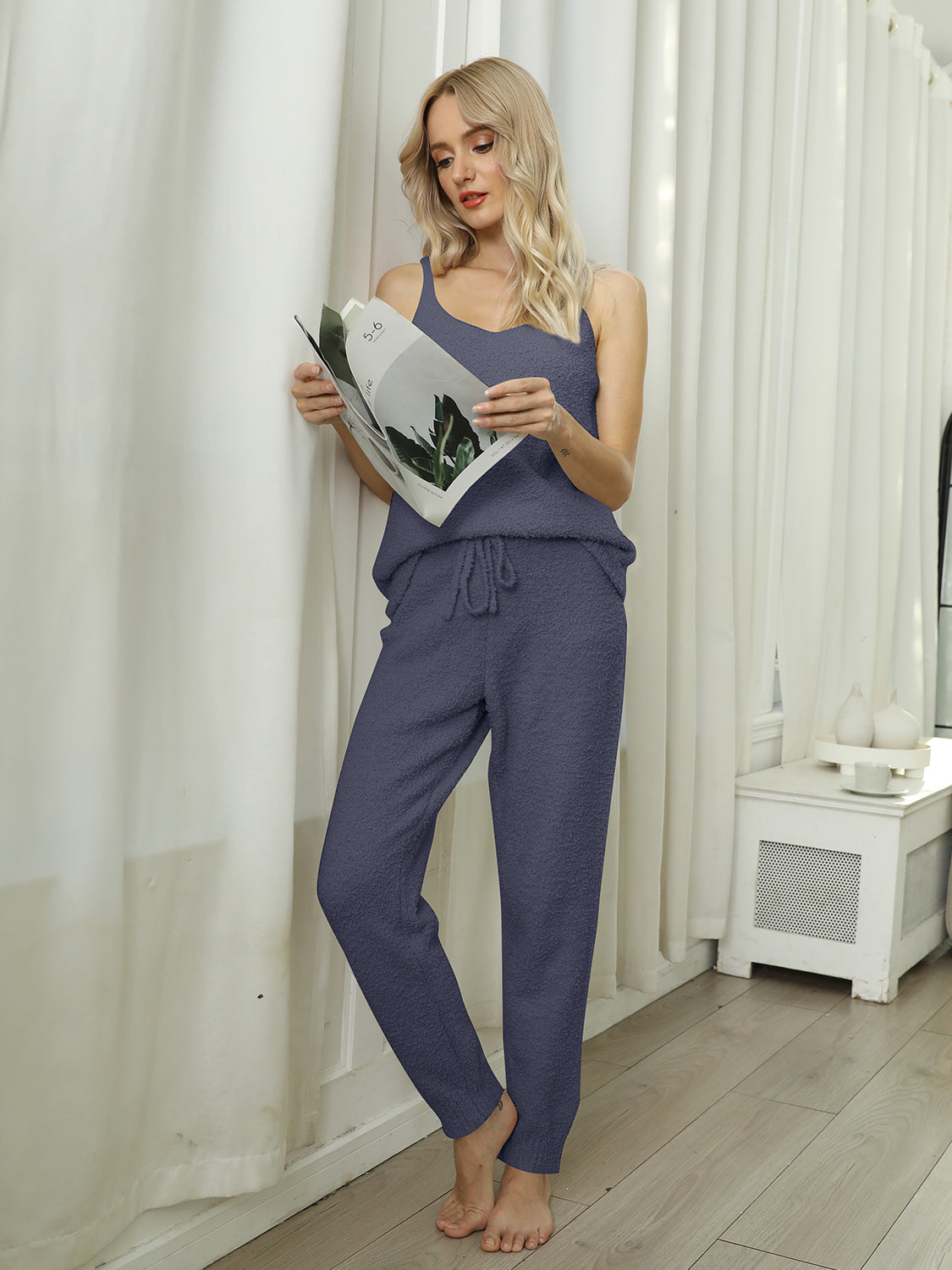 Fuzzy V-Neck Cami and Pants Two Piece Set