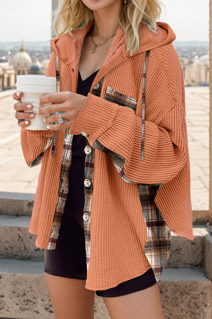 Plaid Waffle-Knit Drawstring Hooded Jacket