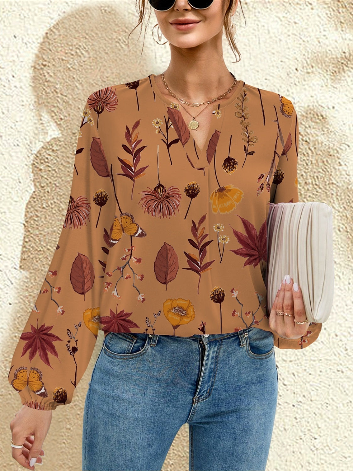 Printed Notched Long Sleeve Blouse