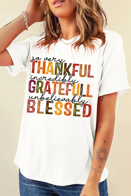 Thankful Grateful Blessed Letter Graphic Round Neck Short Sleeve T-Shirt