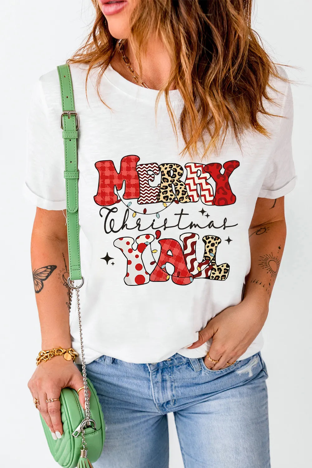 Merry Christmas Yall Letter Graphic Round Neck Short Sleeve T-Shirt