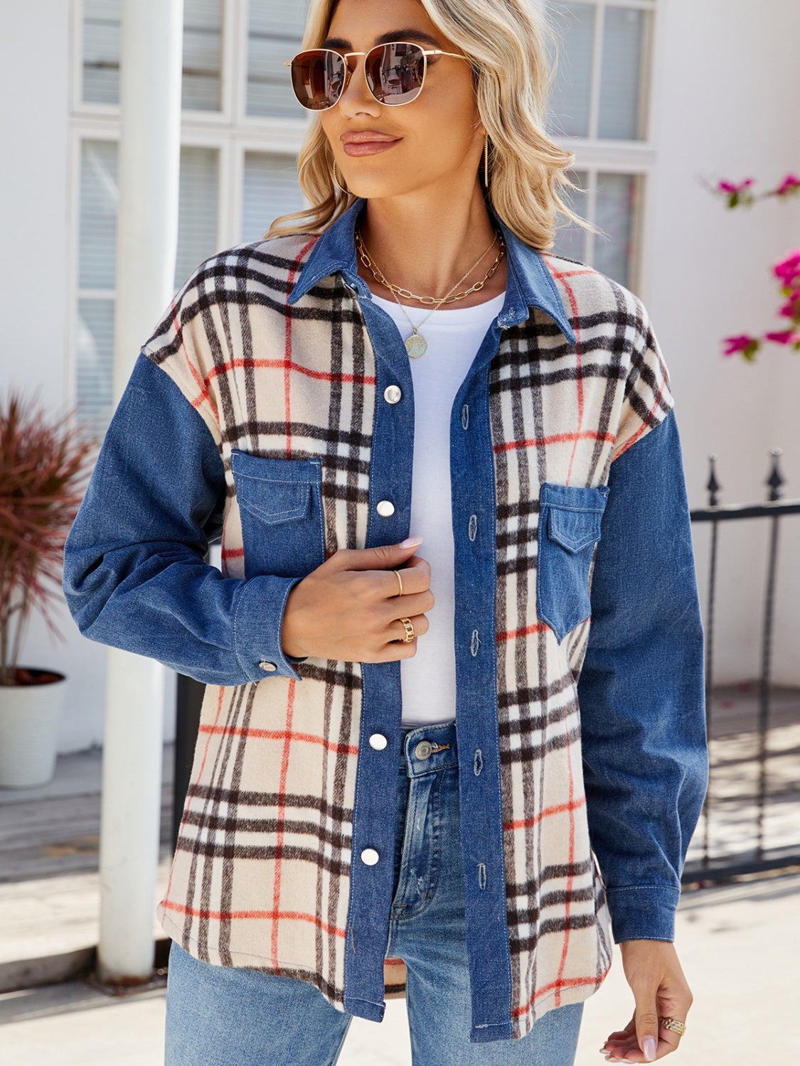 Plaid Long Sleeve Denim Jacket