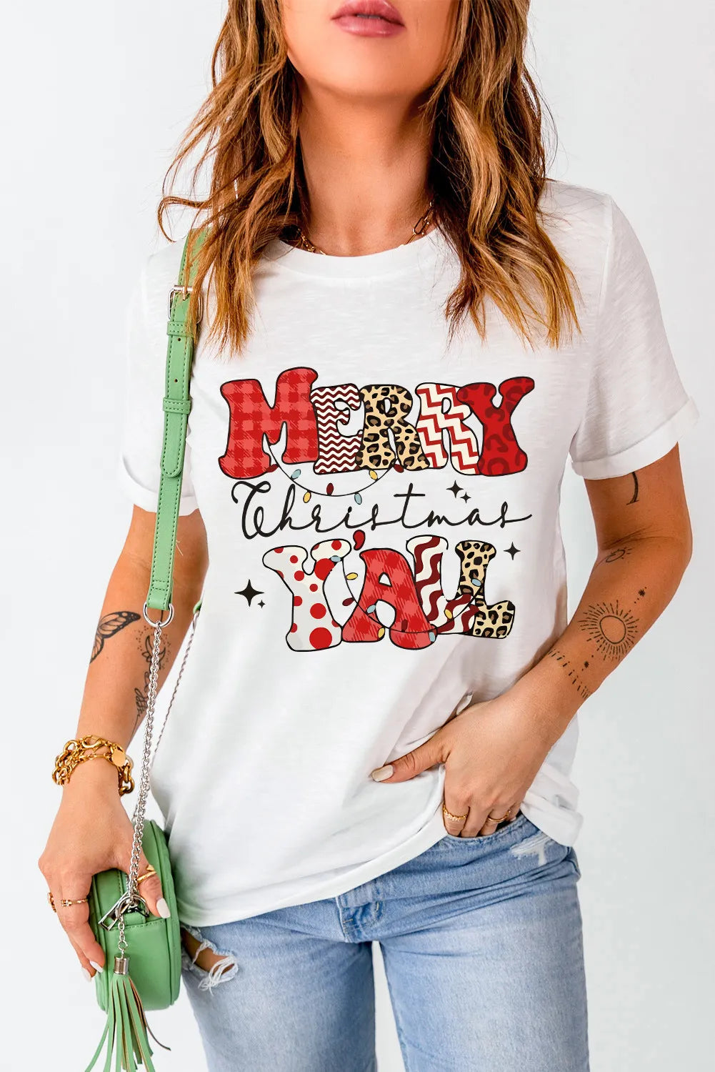 Merry Christmas Yall Letter Graphic Round Neck Short Sleeve T-Shirt