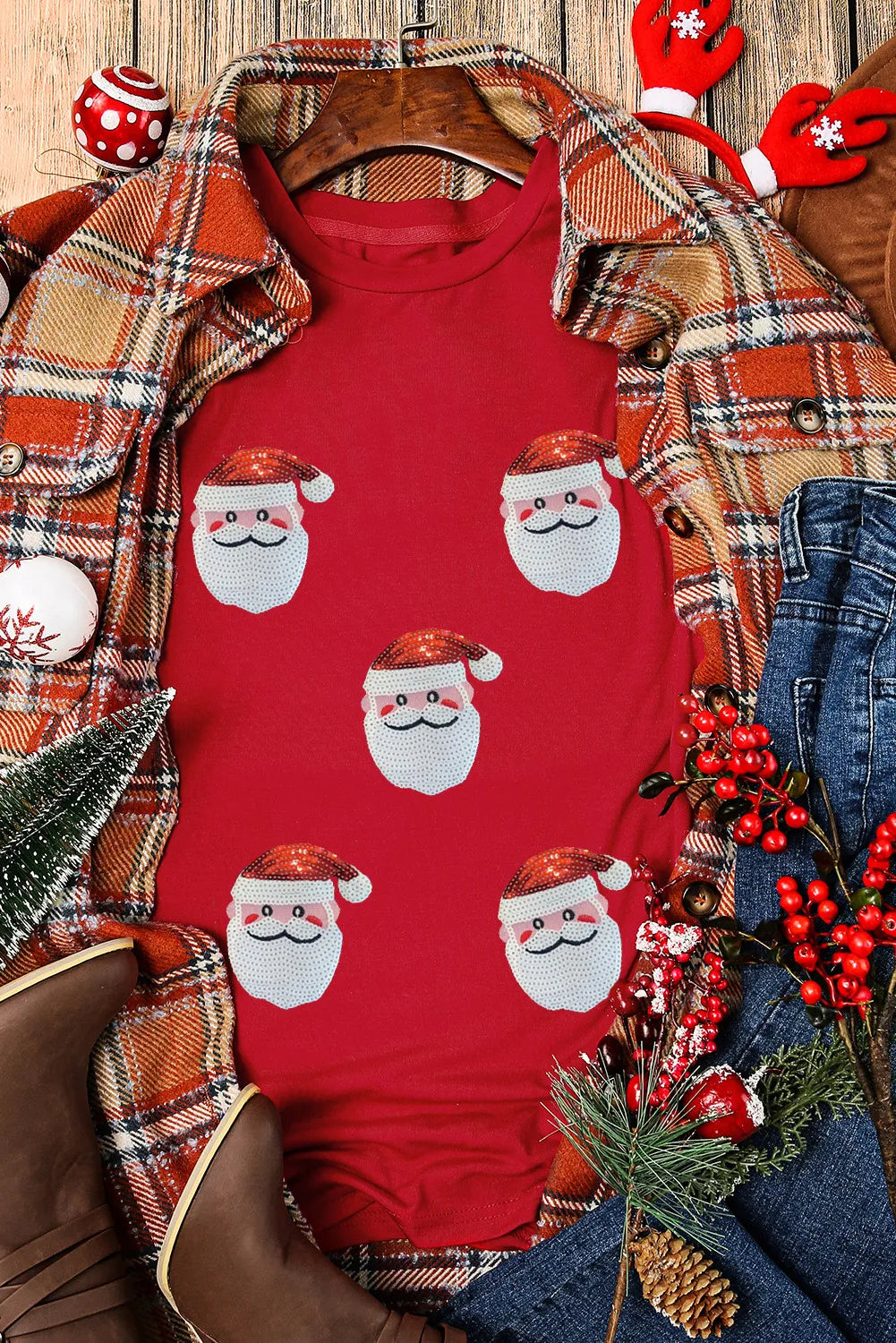 Sequin Santa Round Neck Short Sleeve T-Shirt