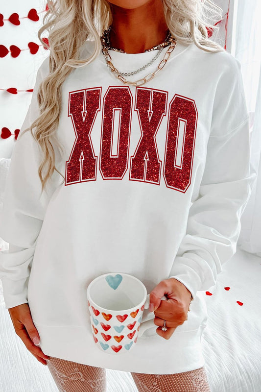 Valentine’s Day XOXO Glitter Round Neck Sweatshirt