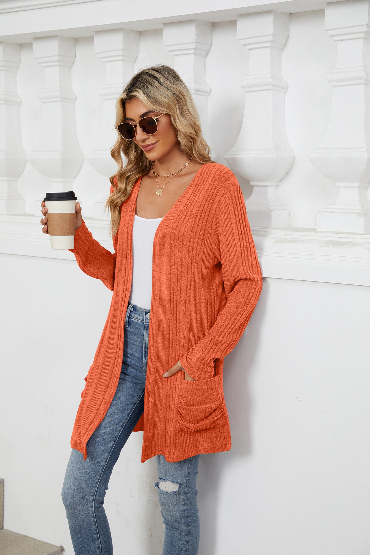 Pocketed Open Front Long Sleeve Cardigan