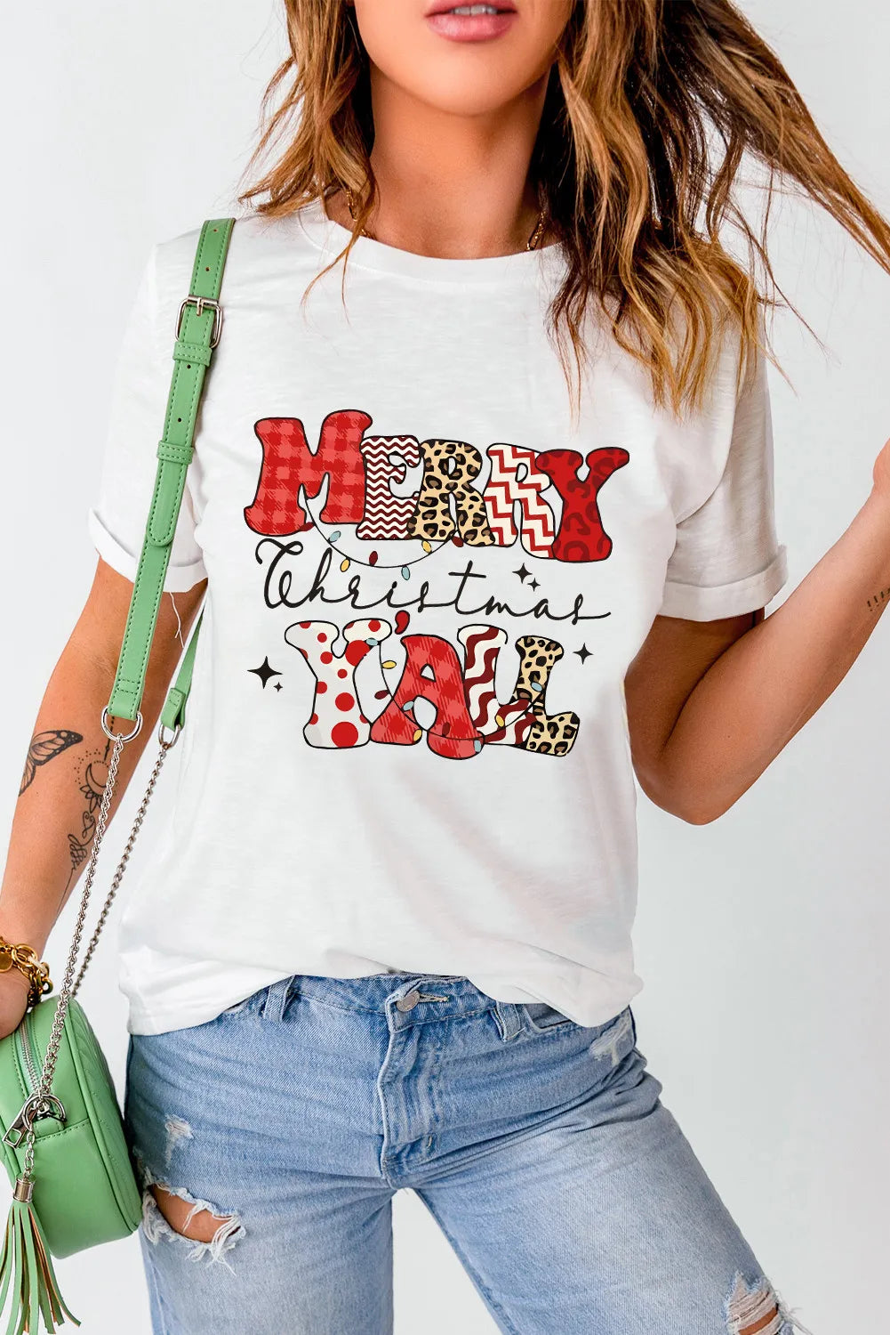 Merry Christmas Yall Letter Graphic Round Neck Short Sleeve T-Shirt