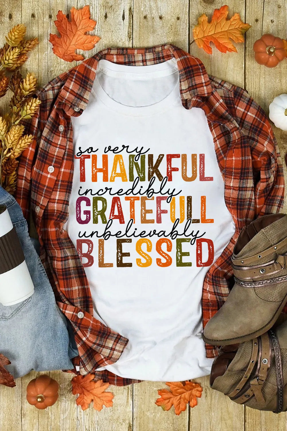 Thankful Grateful Blessed Letter Graphic Round Neck Short Sleeve T-Shirt