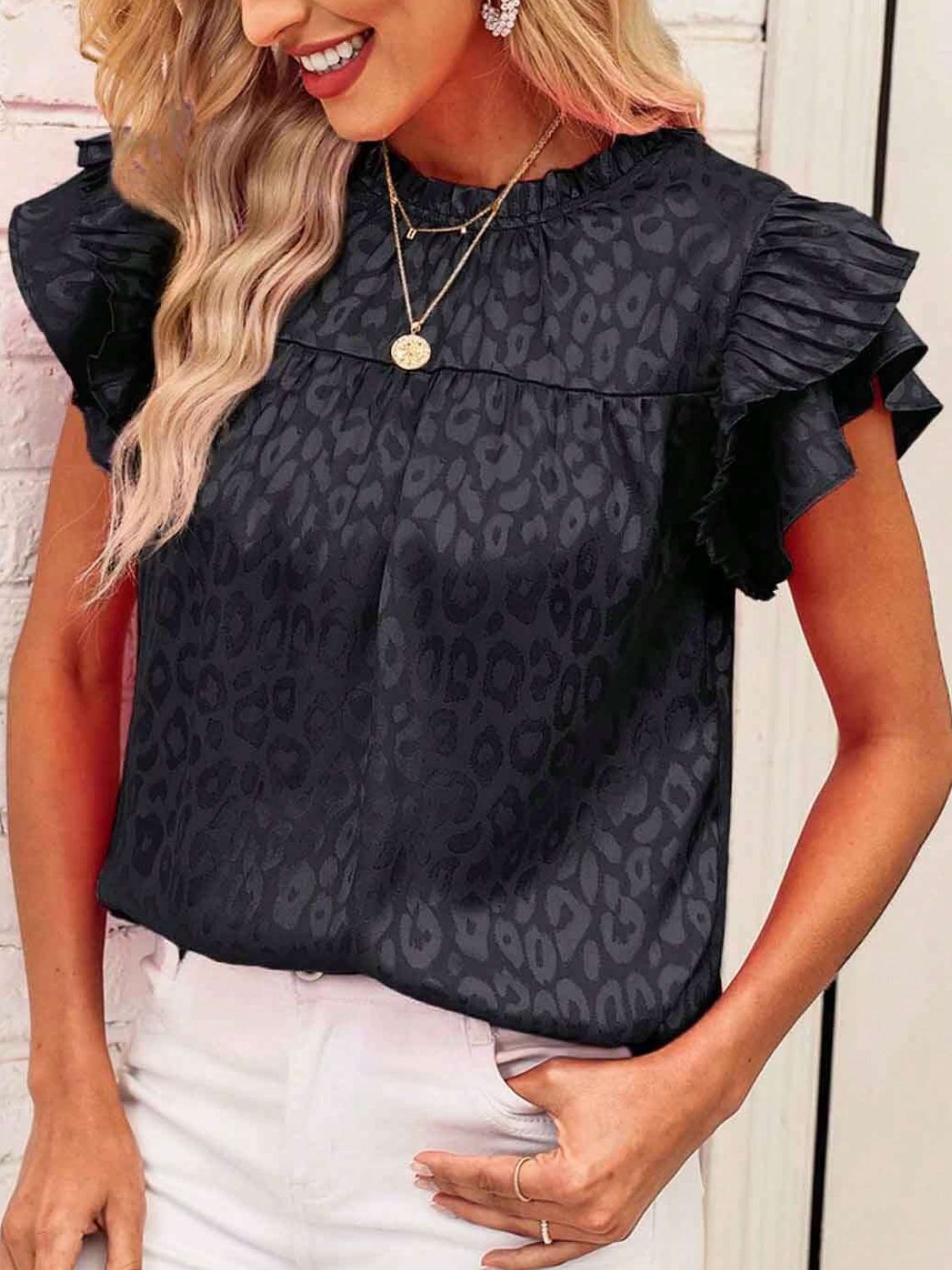 Leopard Frill Mock Neck Ruffled Cap Sleeve Top