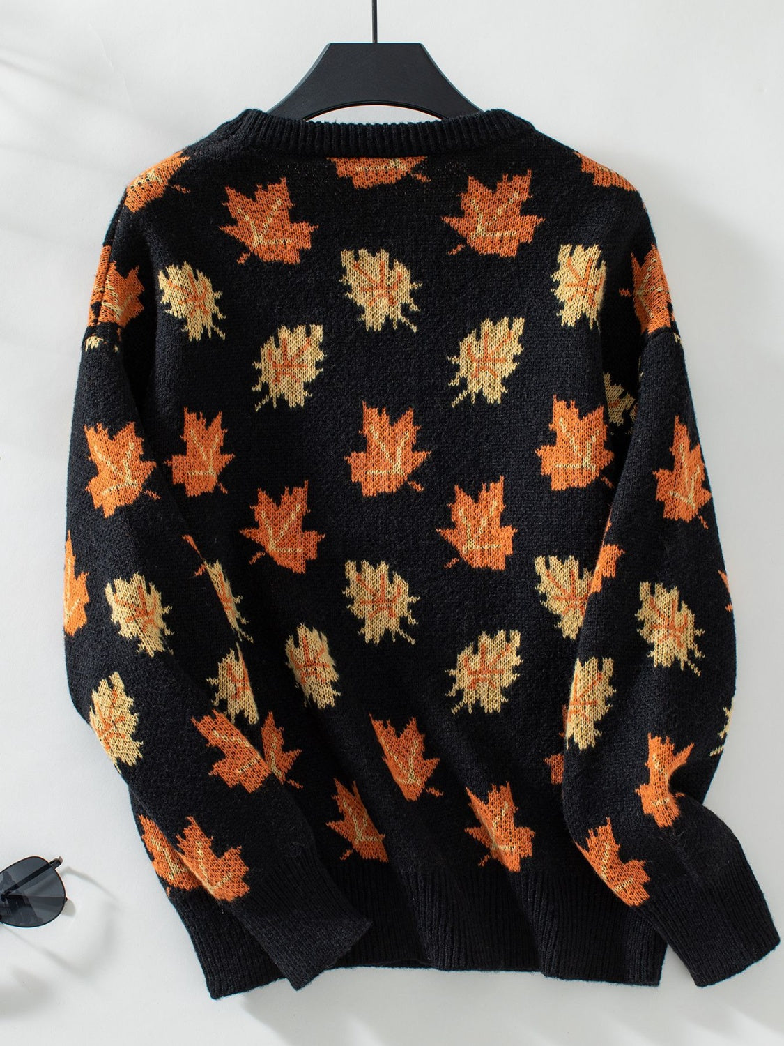 Maple Leaf Round Neck Long Sleeve Sweater