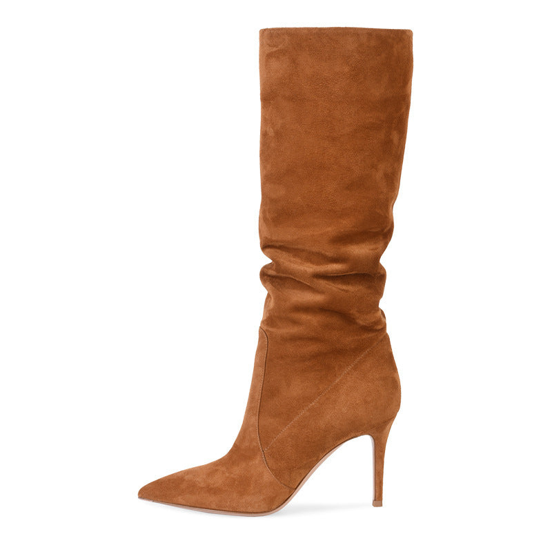 Pointed Suede Brown Stiletto Heel Fashion Mid Tube Knee Length Womens Boots