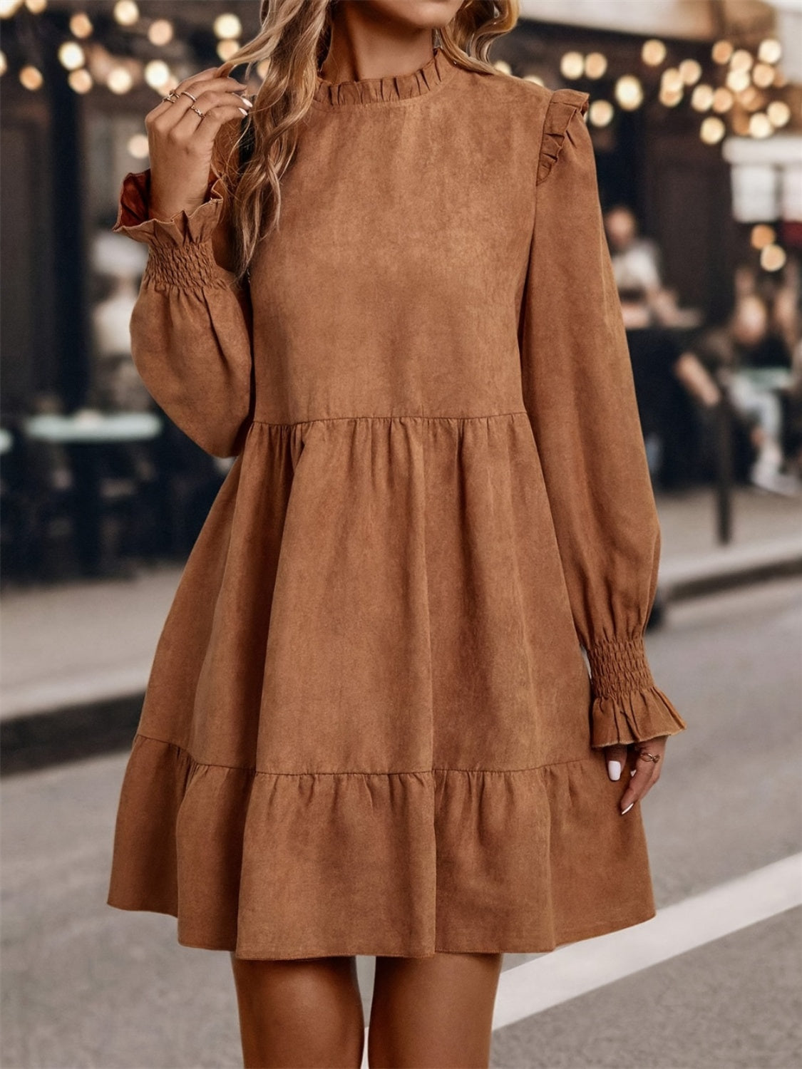 Frill Round Neck Long Sleeve Mini Dress