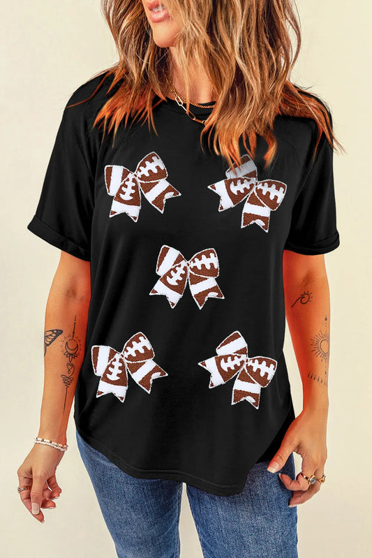 Football Bow Round Neck Short Sleeve T-Shirt