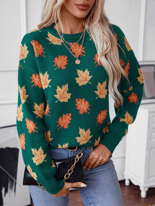 Maple Leaf Round Neck Long Sleeve Sweater