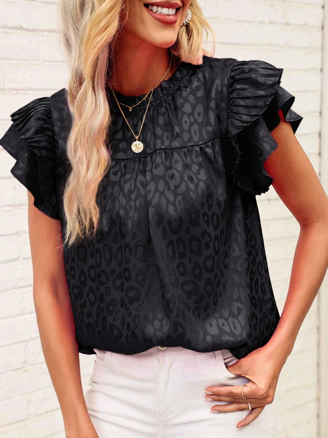 Leopard Frill Mock Neck Ruffled Cap Sleeve Top