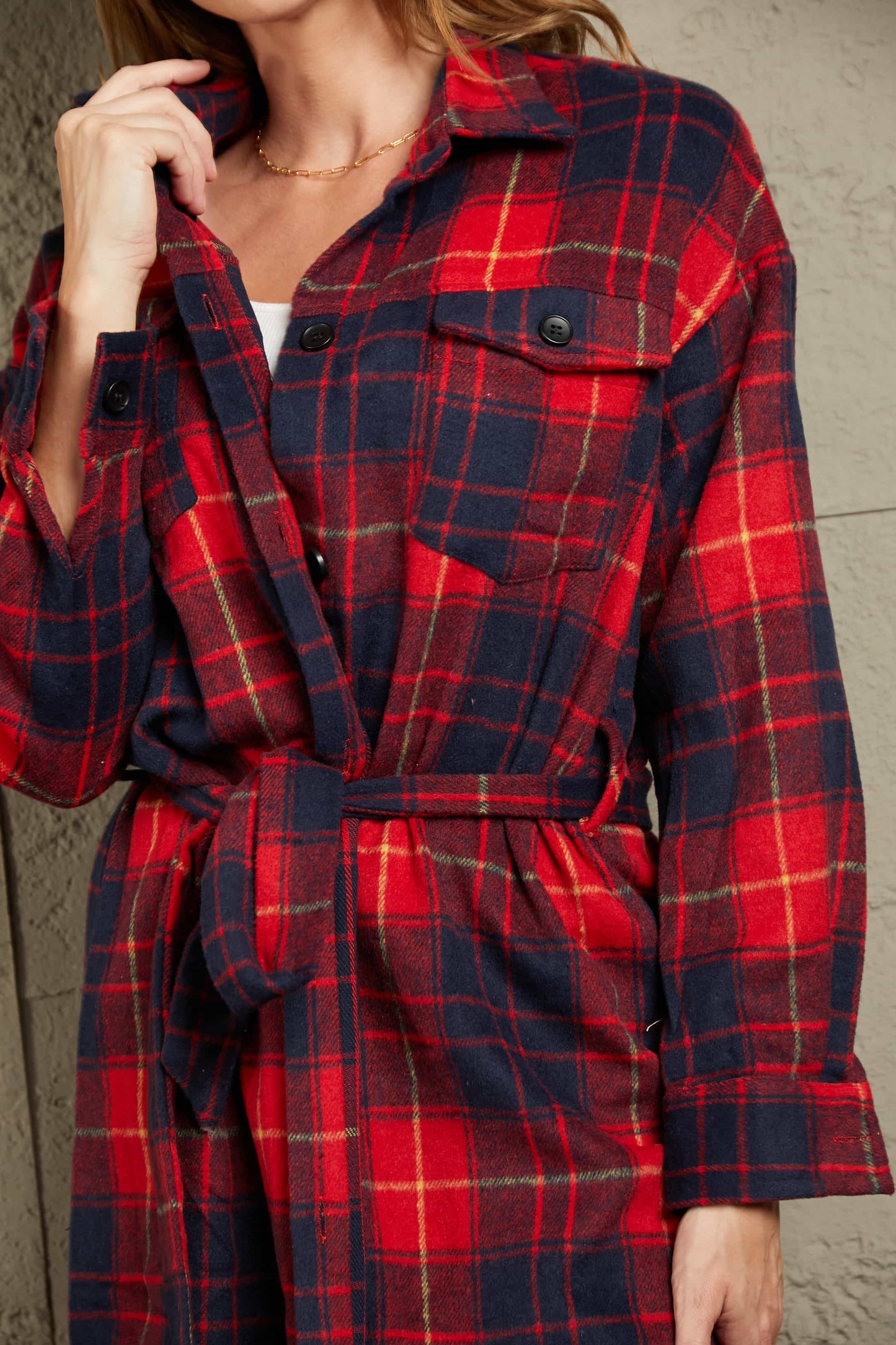 Plaid Belted Button Down Longline Shirt Jacket