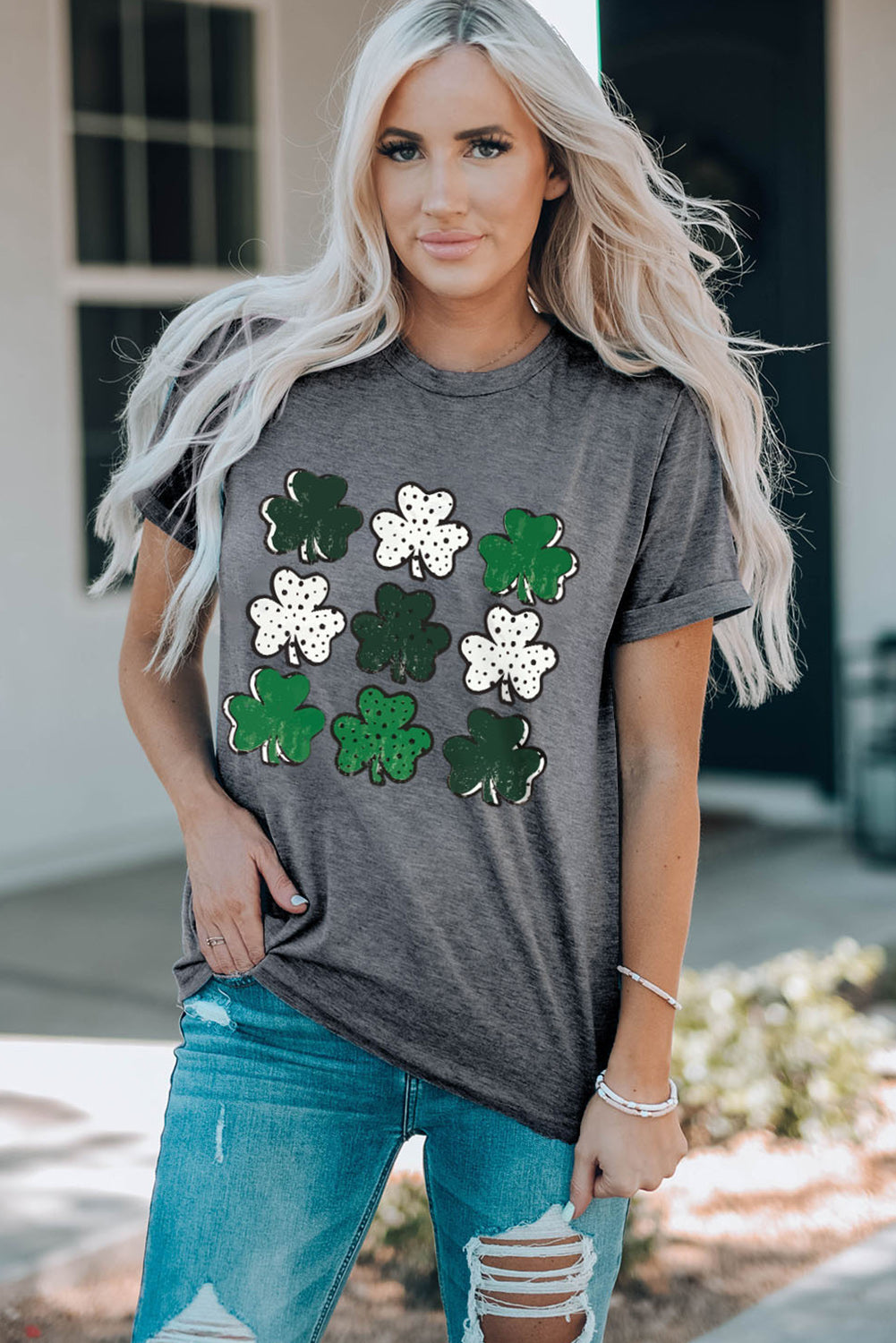 Lucky Clover Round Neck Short Sleeve T-Shirt