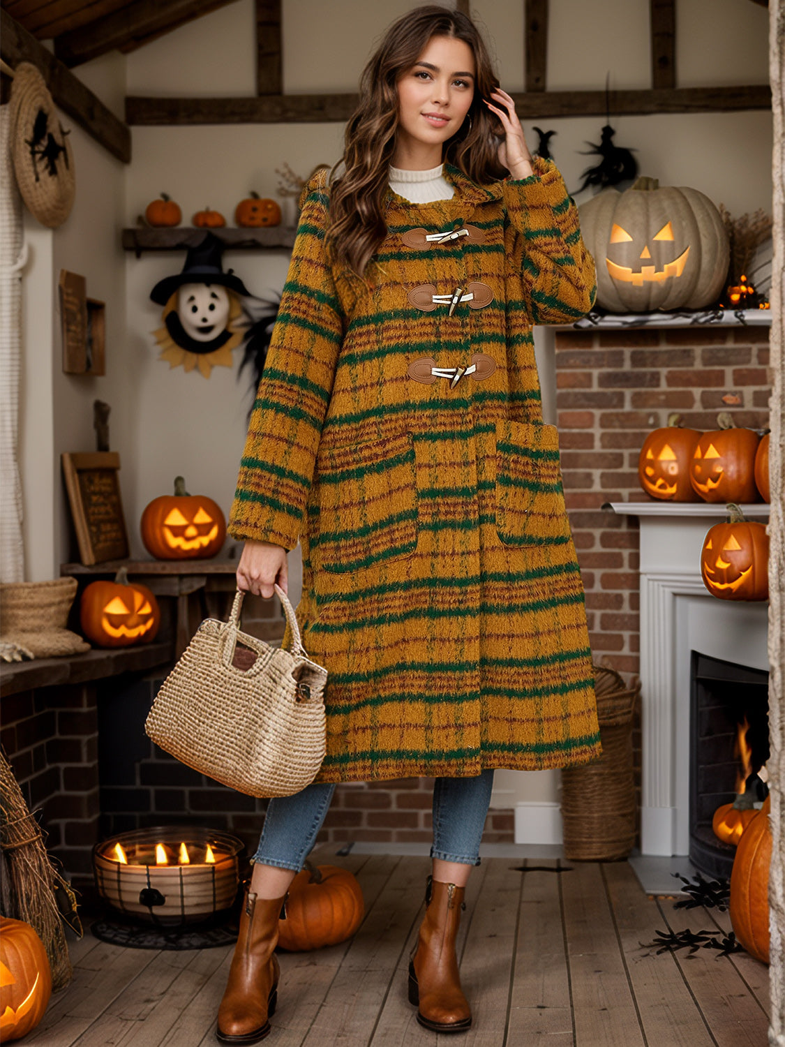 Plaid Long Sleeve Hooded Coat with Pockets