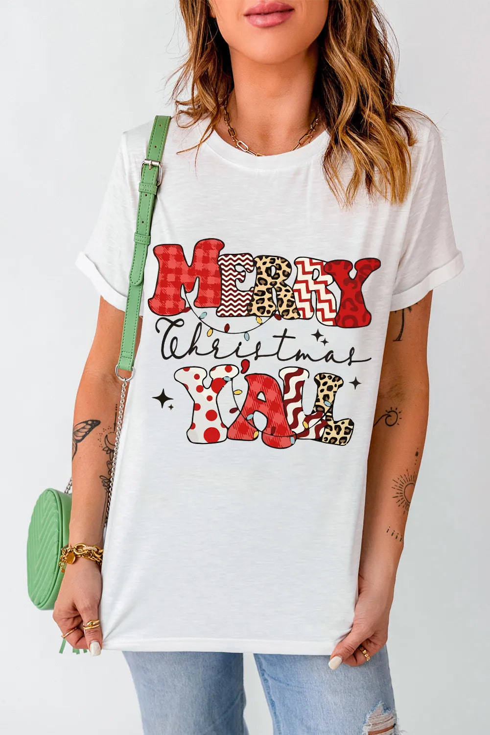 Merry Christmas Yall Letter Graphic Round Neck Short Sleeve T-Shirt