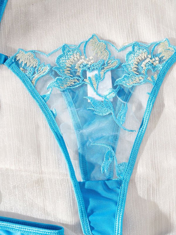 lace embroidery flower see-through underwear and garter lingerie set