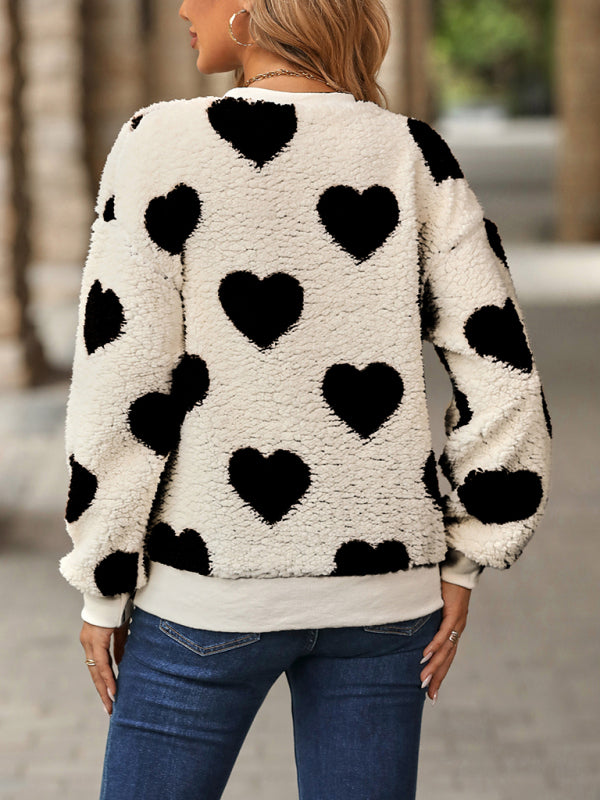 Women's Valentine's Day Plush Love Print Long Sleeve Round Neck Pullover Sweatshirt