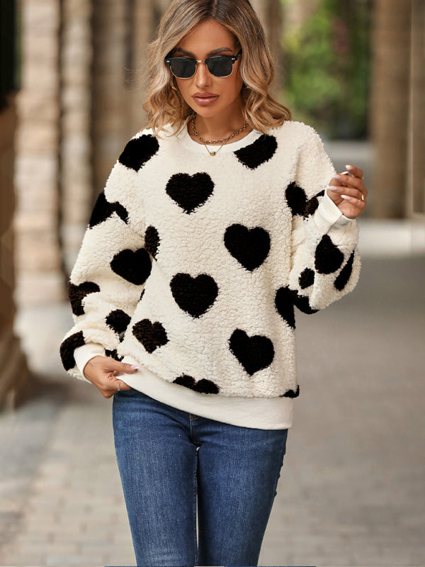 Women's Valentine's Day Plush Love Print Long Sleeve Round Neck Pullover Sweatshirt