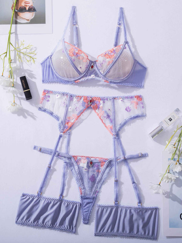 Embroidery Mesh Splicing Three-piece Lingerie Suit