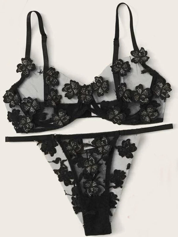 Two Piece Embroidered Flower Bra and Panty Set