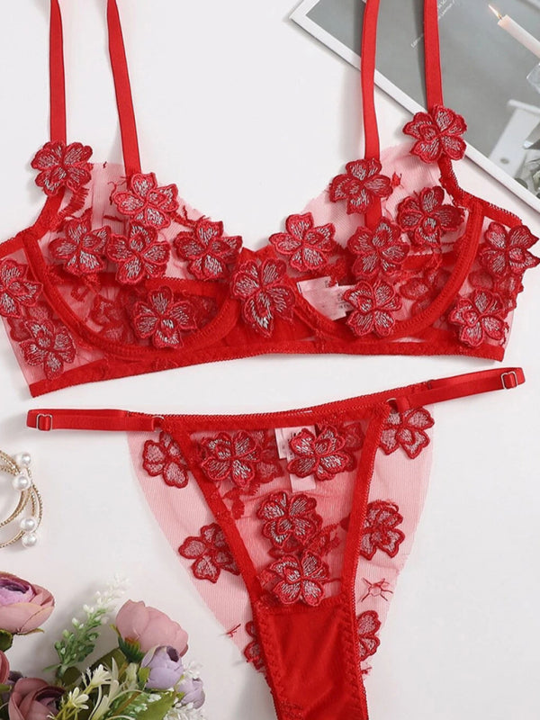 Two Piece Embroidered Flower Bra and Panty Set