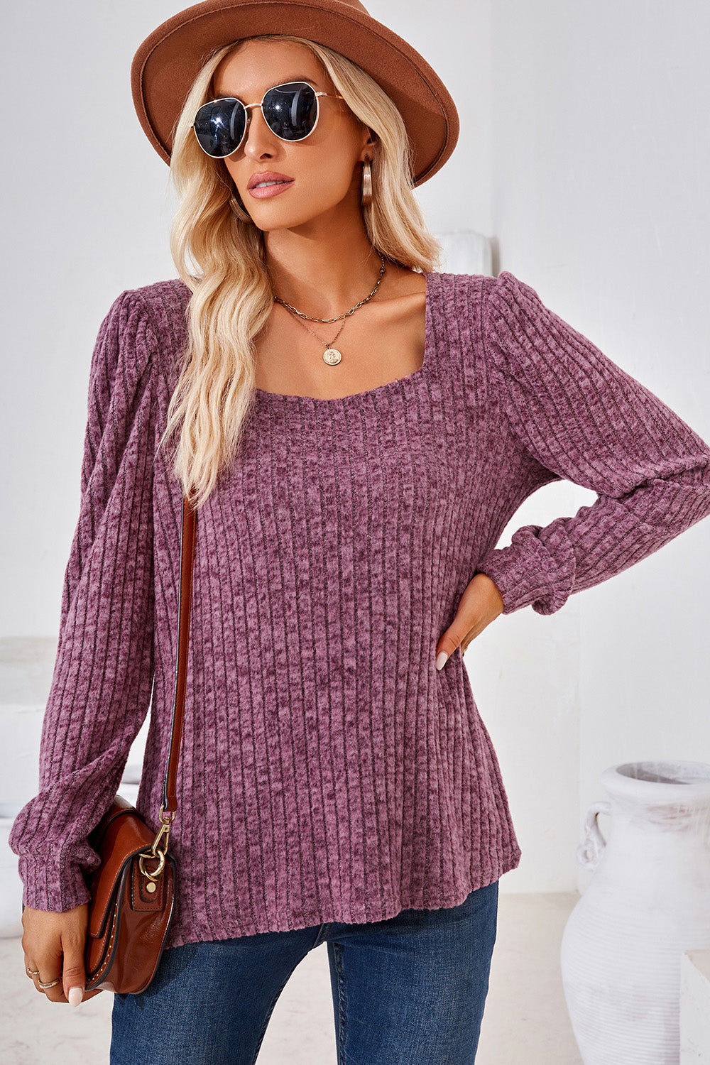 Ribbed Square Neck Long Sleeve T-Shirt