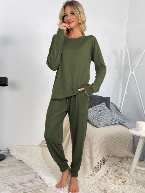 Round Neck Top and Drawstring Pants Lounge Set