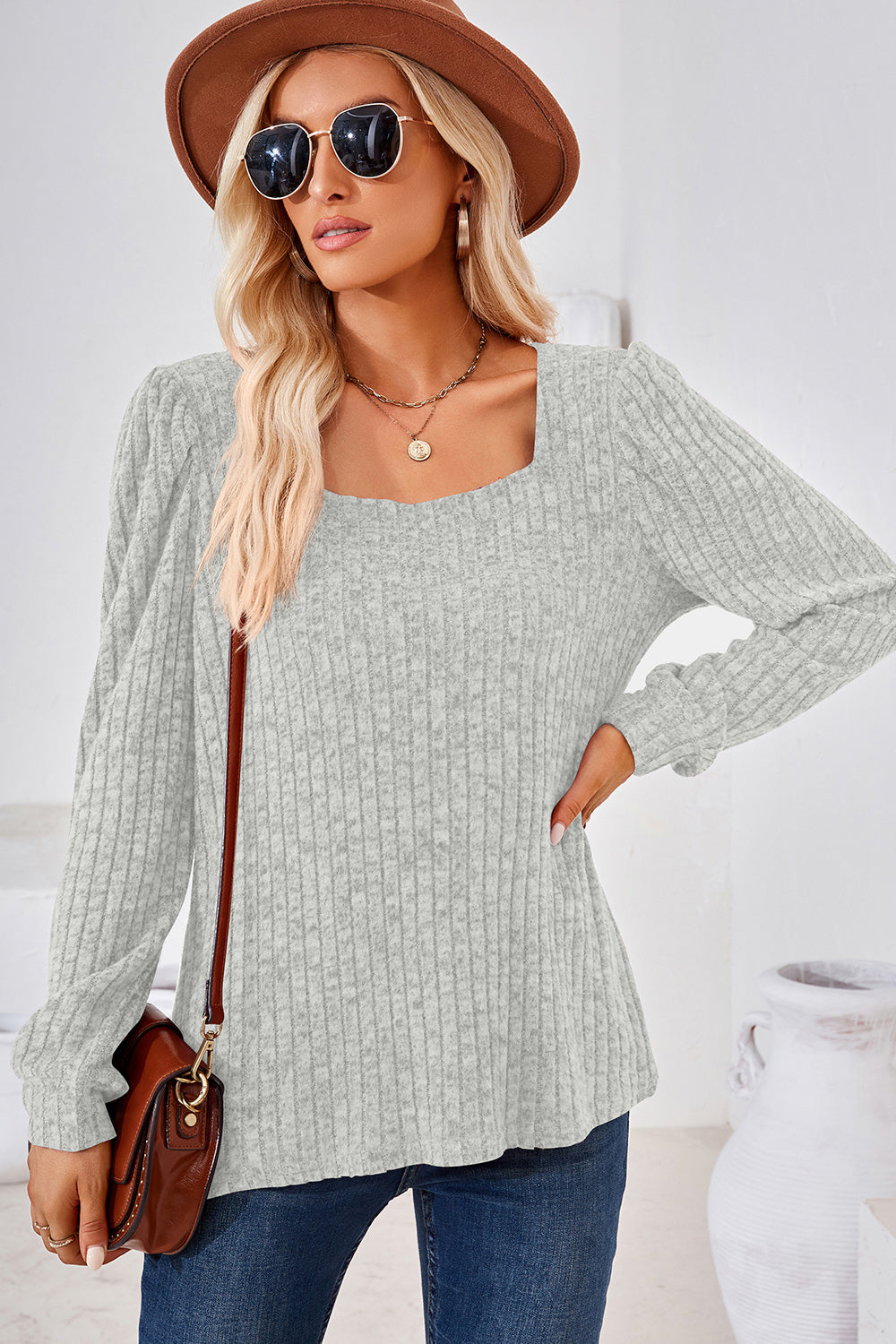 Ribbed Square Neck Long Sleeve T-Shirt