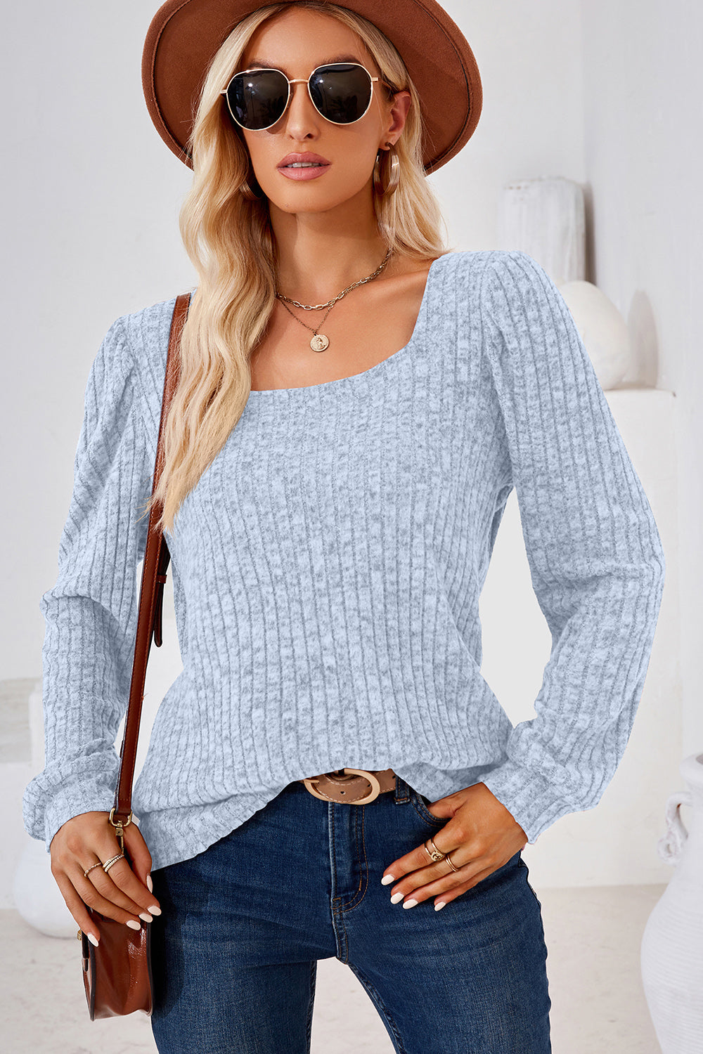 Ribbed Square Neck Long Sleeve T-Shirt