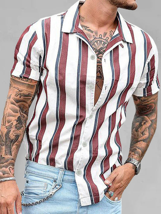 Casual striped slim-fit lapel cotton thin short-sleeved lapel shirt